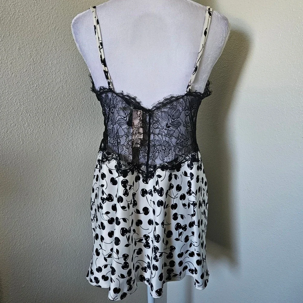 Victoria's Secret Cherry Print Lace Slip Dress Nightgown Black White NWT